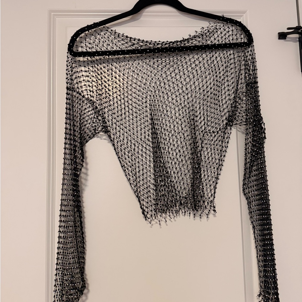 Black Mesh embellished Long Sleeve Top